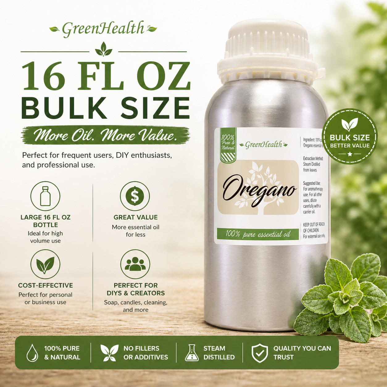 16 fl oz Oregano Essential Oil (100% Pure & Natural) in Aluminum Bottle