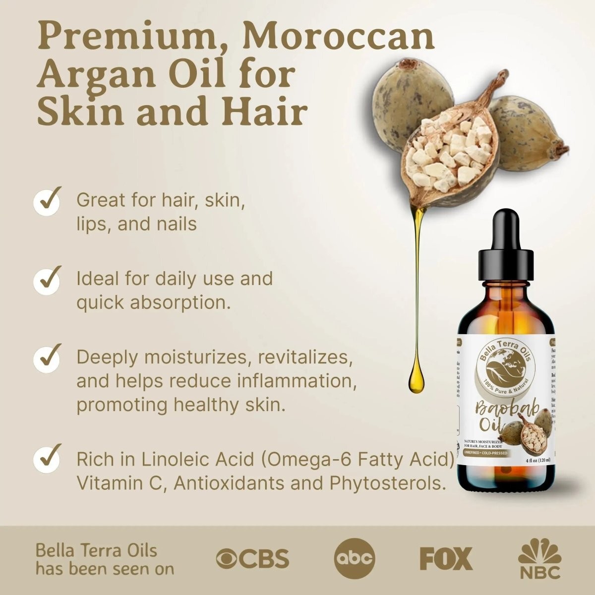 Organic Cold-Pressed Baobab Oil 100% Pure Skin Hair Face Nails Treatment