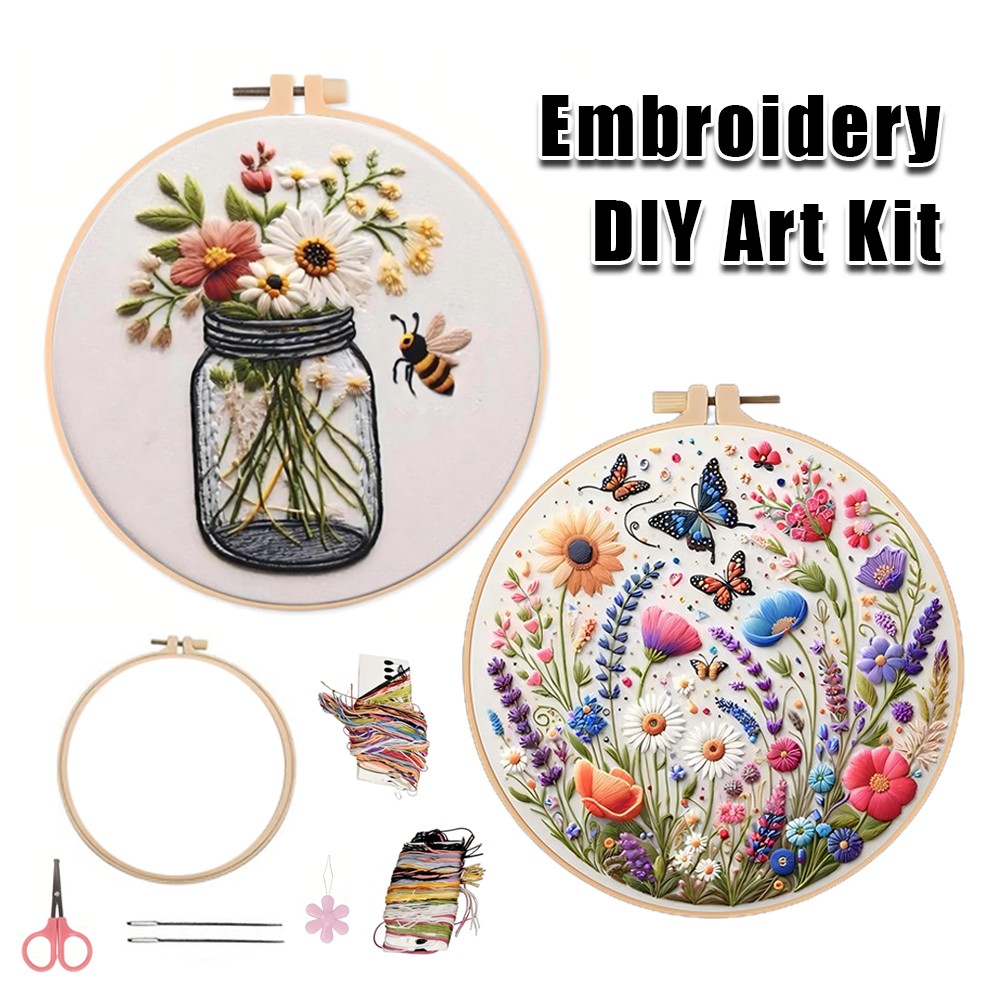 2 Sets Embroidery Starter Kit for Beginners Cross Stitch Stamped DIY Decor APD