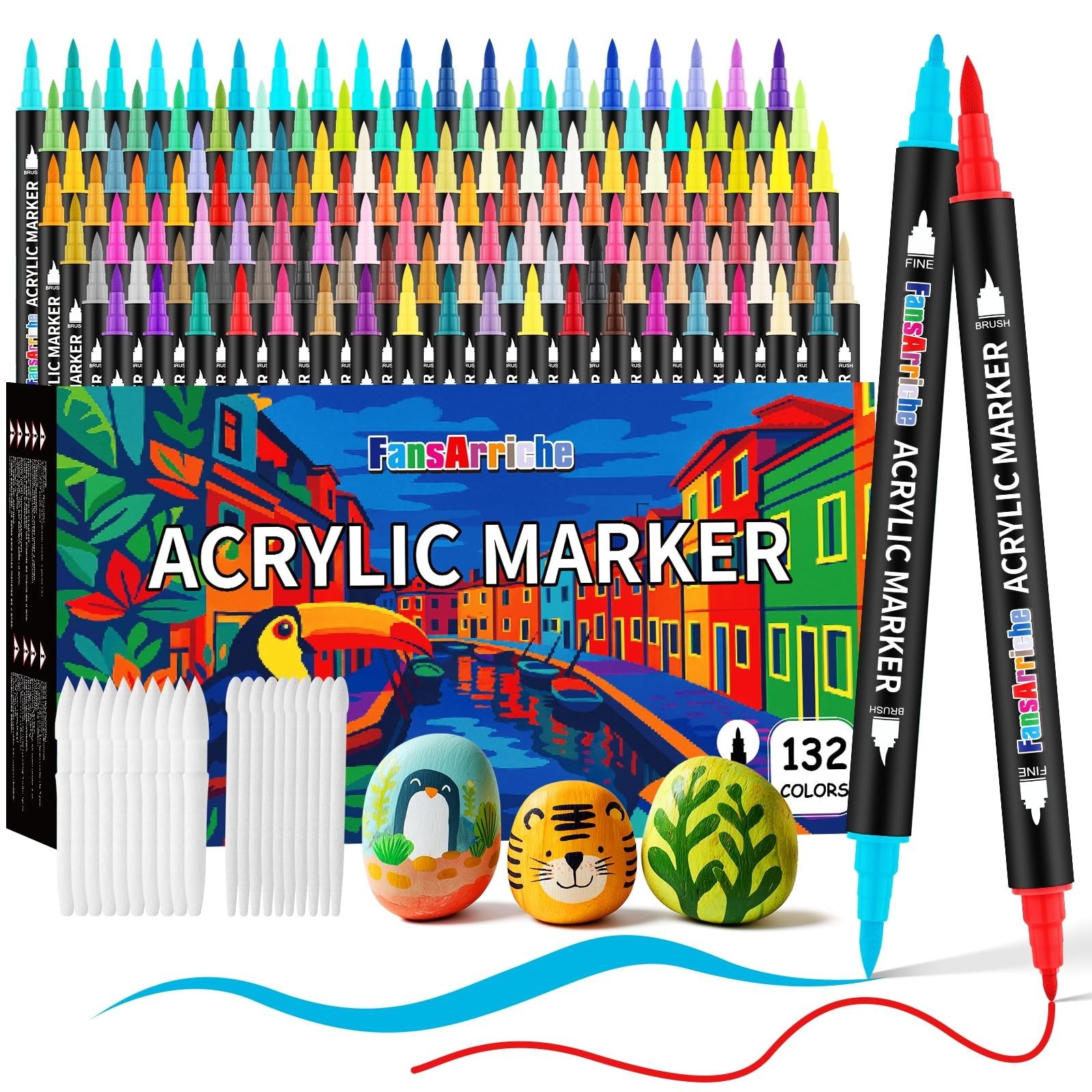 132 Colors Dual Tip Acrylic Paint Markers Set – Brush & Fine Point for Fabric, W