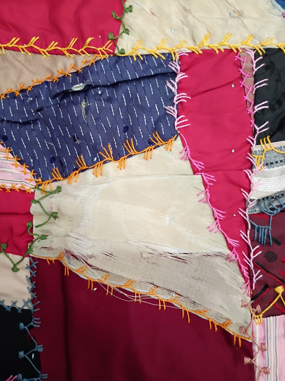 Crazy Quilt Throw Art Heirloom Fabric Abstract Embroidery Skillfully Made