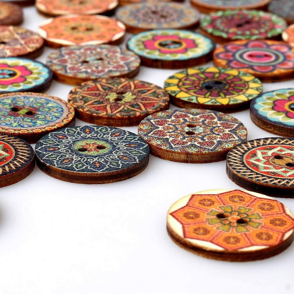 Eubags 100 Pcs Mixed Color Wood Buttons, 1 Inch Natural round Shapes Retro Vinta
