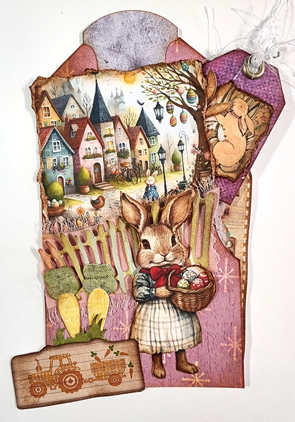 Easter Bunny Carrot Farm Tractor Tags Hidden Pocket OOAK #35 3D Handmade