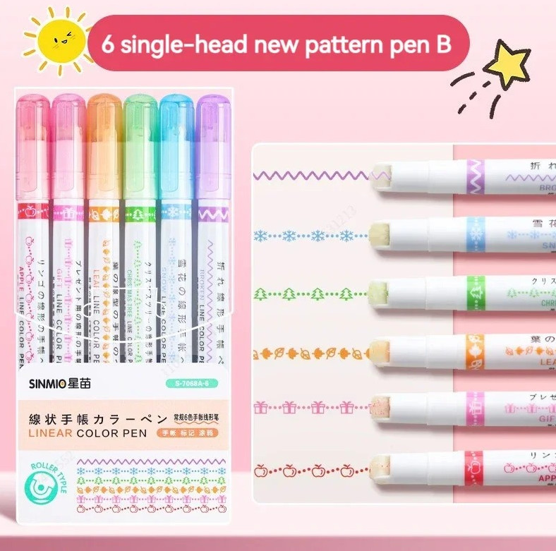 6pcs Flower Line Highlighter Set Roller Tip Curve Marker Kawaii Stationery – NEW