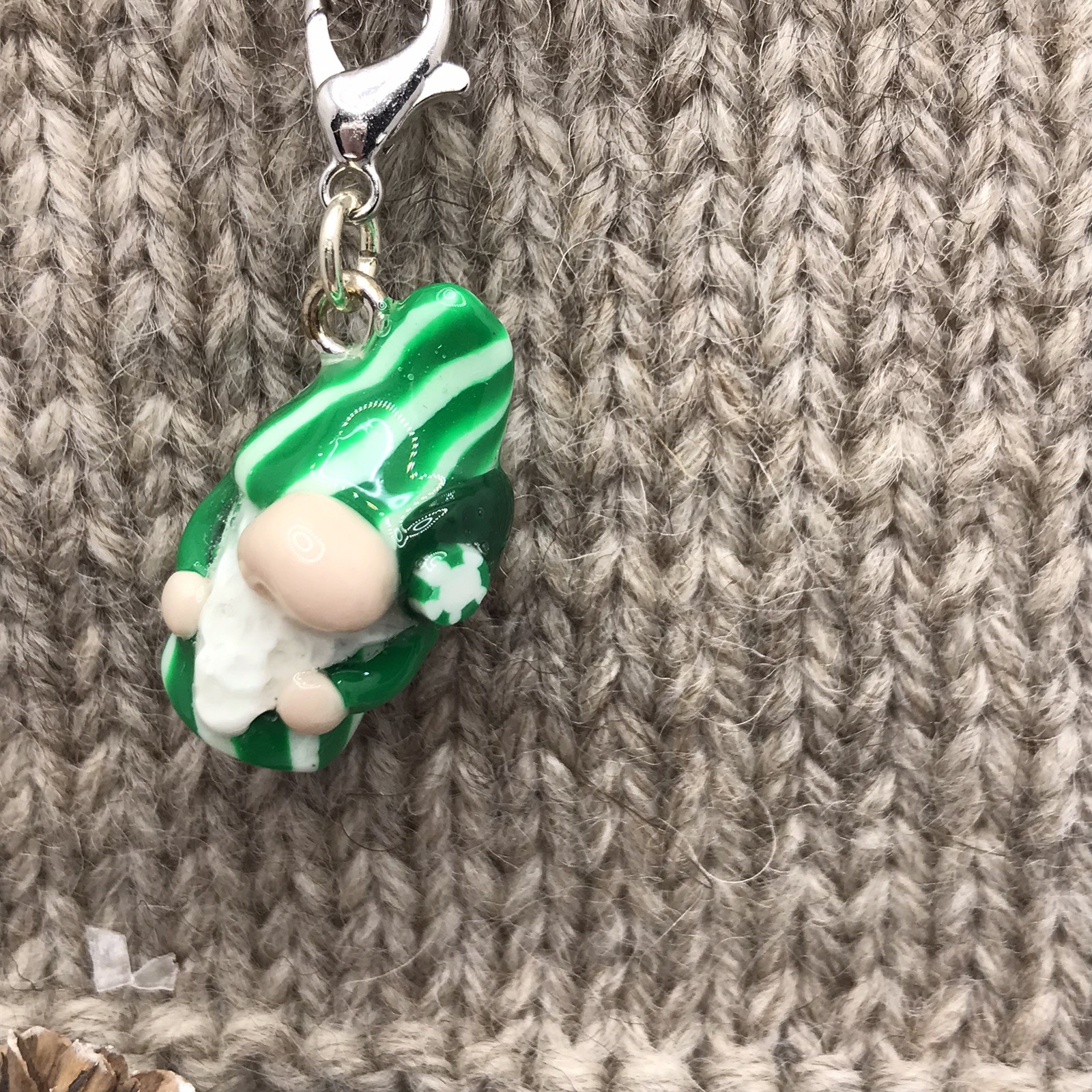 🍬Wintergreen Twist Gnomes Polymer Clay Charm, stitch markers, knitting, crochet
