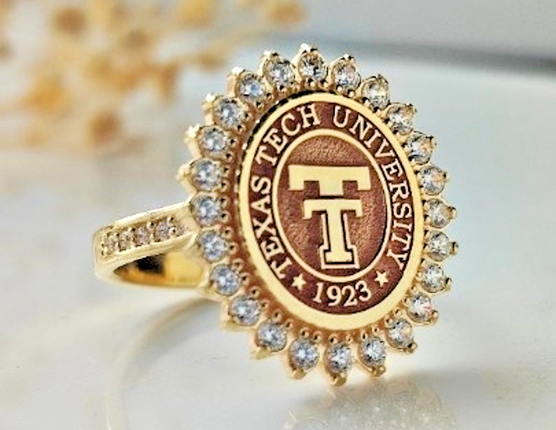 Texas Tech University 1923 Gold Plated Ring w/ CZ Stones | Alumni Graduation Jew