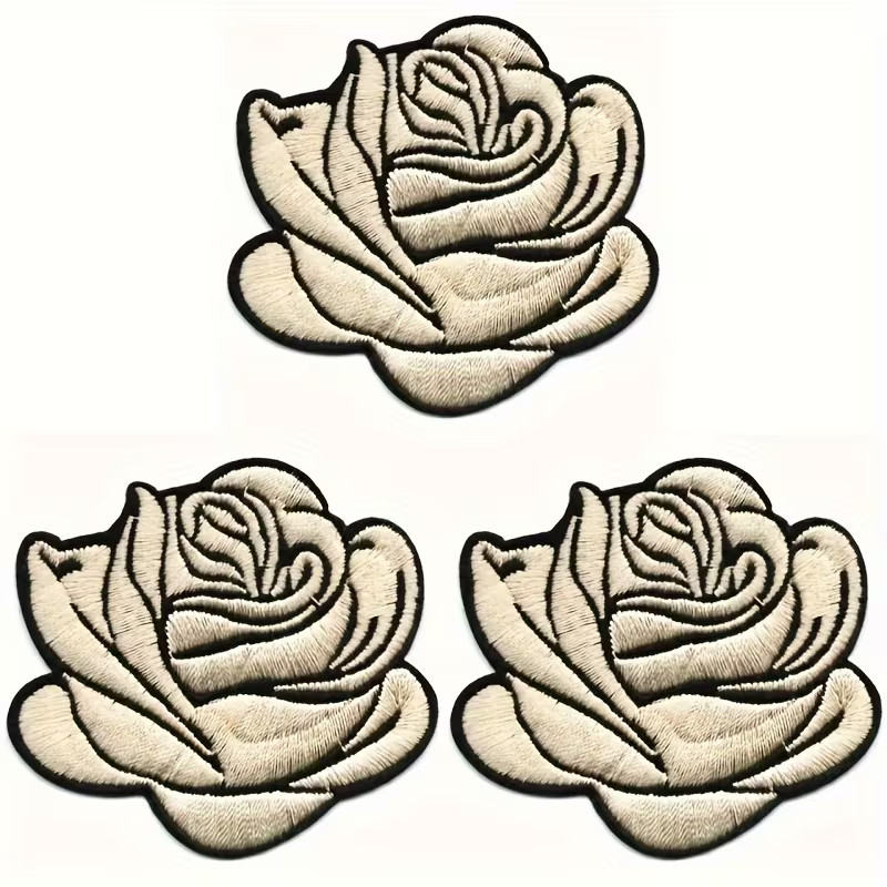 IRON ON PATCH APPLIQUE – beige/black Rose Flower 2+5/8 x 2+1/4 inch