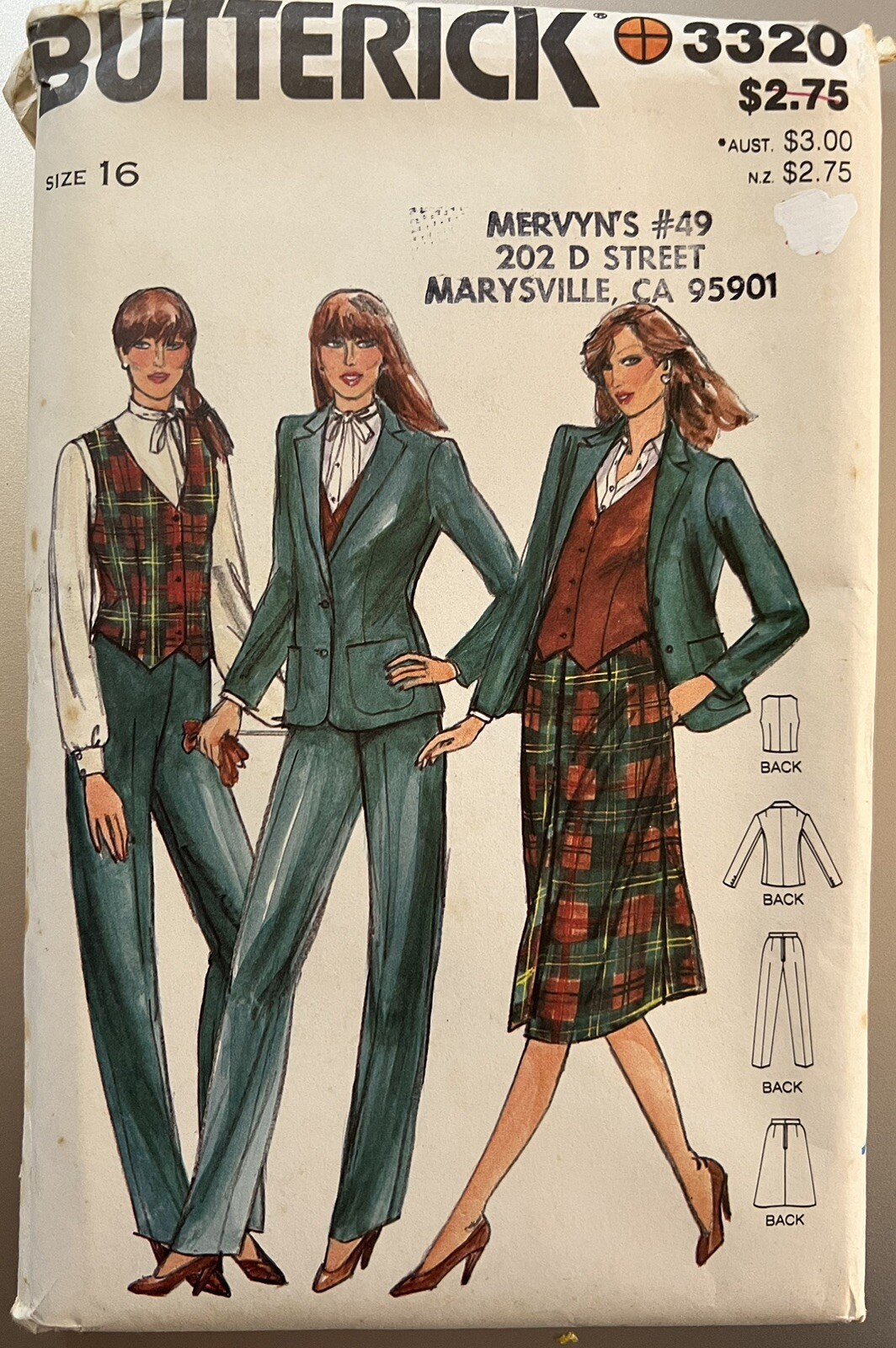Vtg Butterick pattern 3320 Misses’ Jacket, Vest, Pants & Skirt size 16 uncut