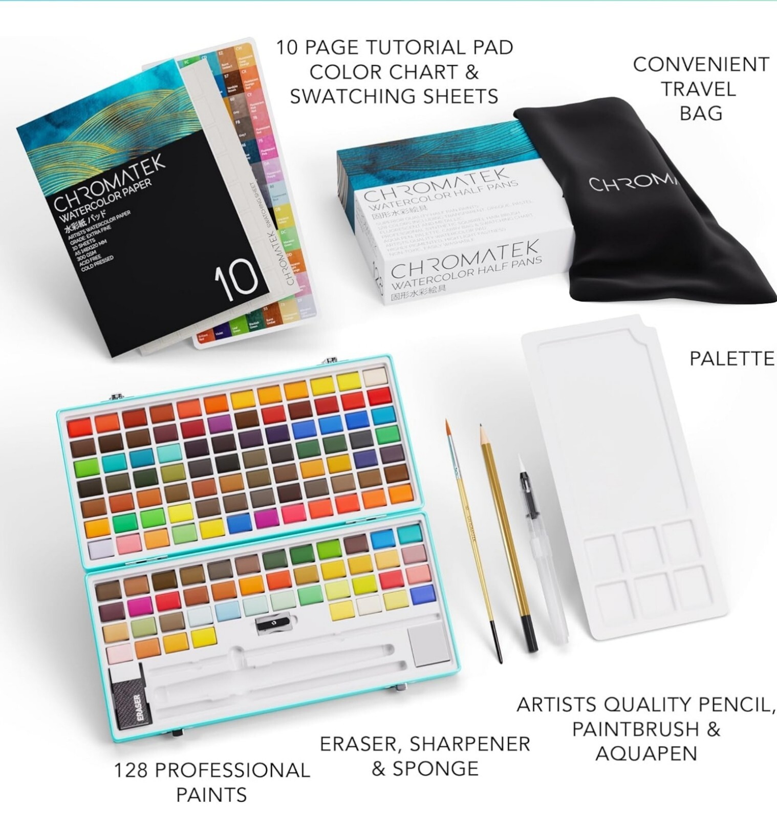 CHROMATEK Watercolor Paint Set, 128 Vivid Colors in Portable Box With Pad, Brush