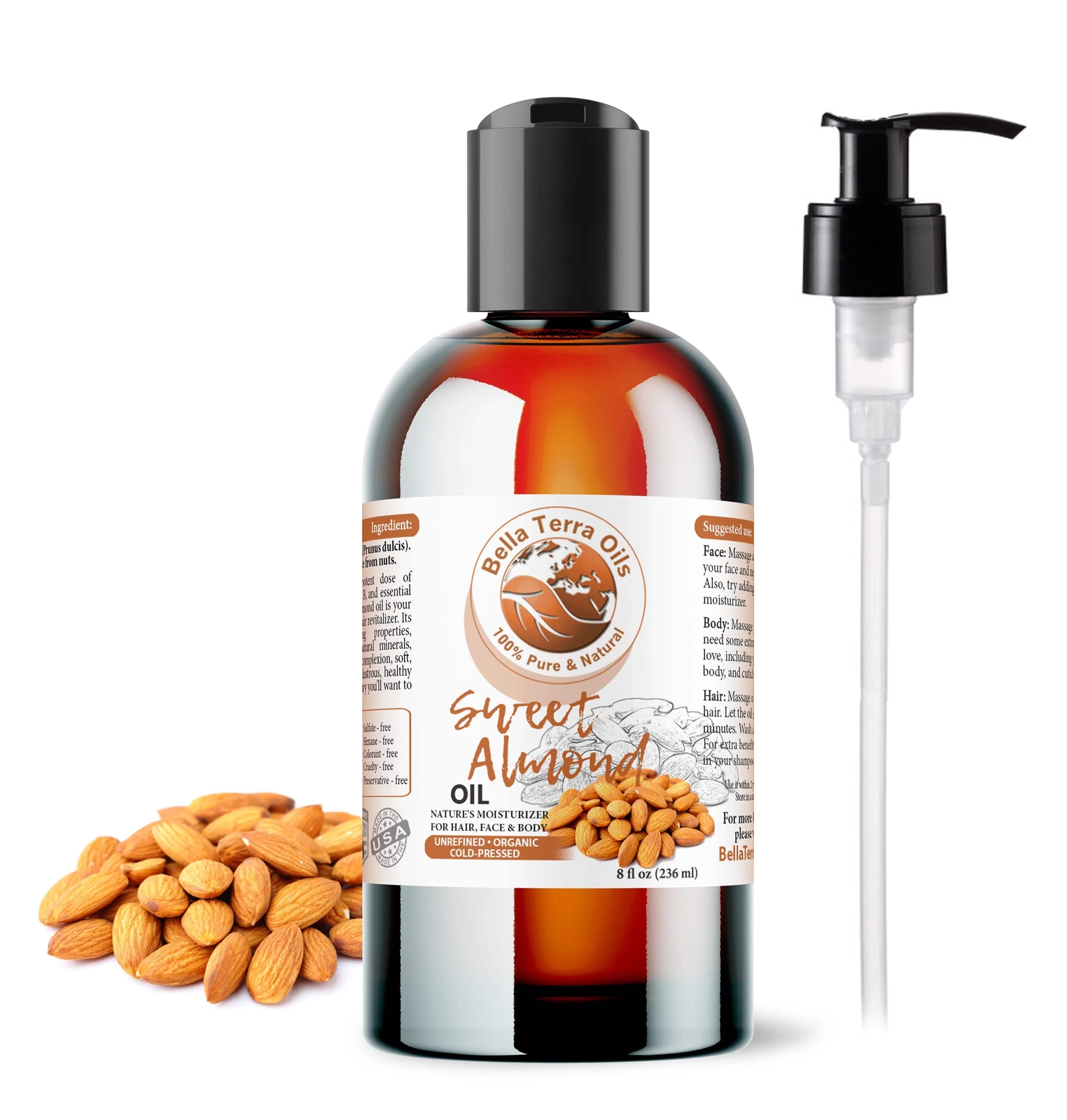 Organic Sweet Almond Oil 8oz – Pure, Cold-Pressed, All-Natural Oil for Beauty &