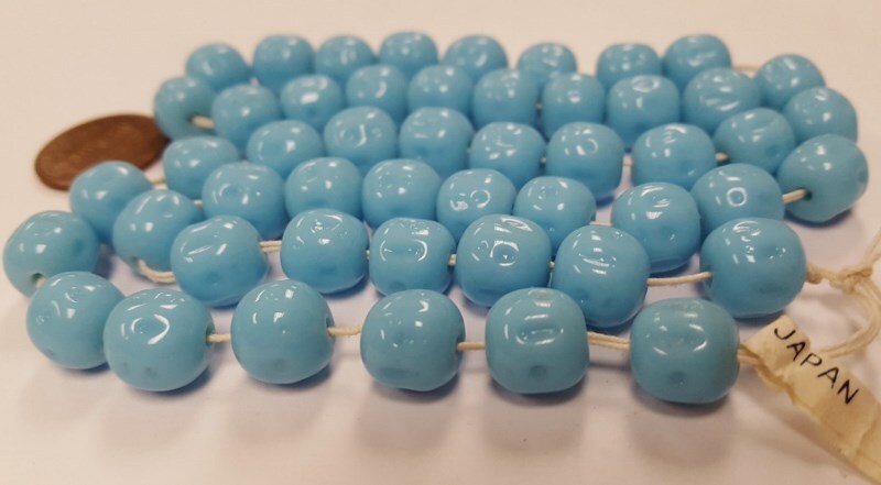 50 VINTAGE JAPAN CHERRY BRAND GLASS LIGHT BLUE TURQUOISE 10mm BAROQUE BEAD 4640T