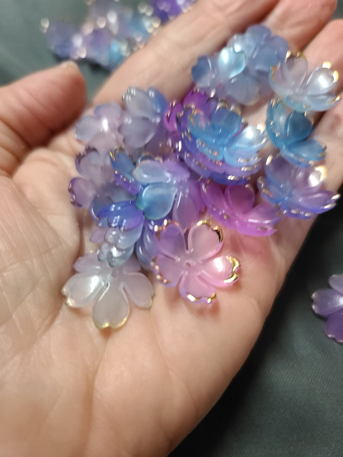 50 Blossom Beads For Jewelry Making Diy Flower End Caps Blue Violet Gold Edges.