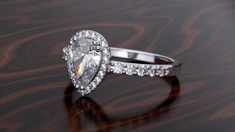 Pear Shaped Engagement Ring – Halo Moissanite Ring, Teardrop CZ Promise Ring