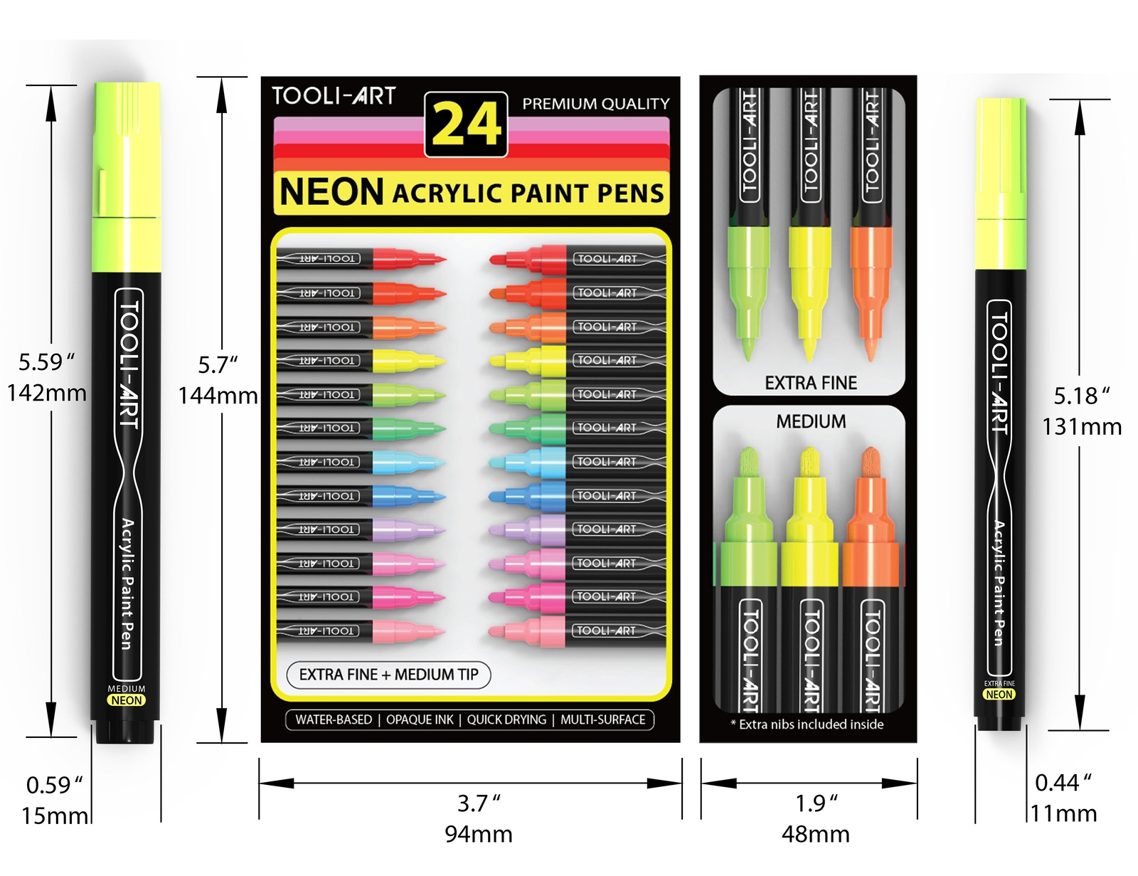 TOOLI-ART 24 Neon Fluorescent Acrylic Paint Pens Set (EXTRA FINE + MEDIUM)