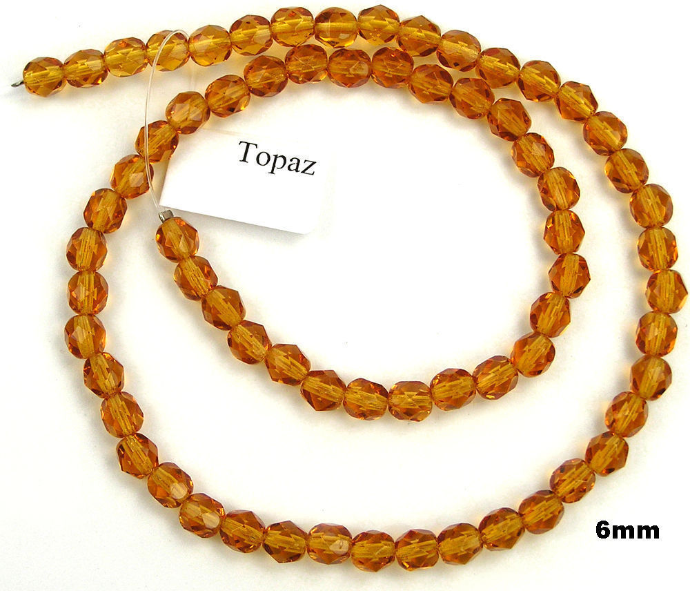 Czech Fire Polished Round Faceted Glass Beads in Topaz color, 16” golden brown