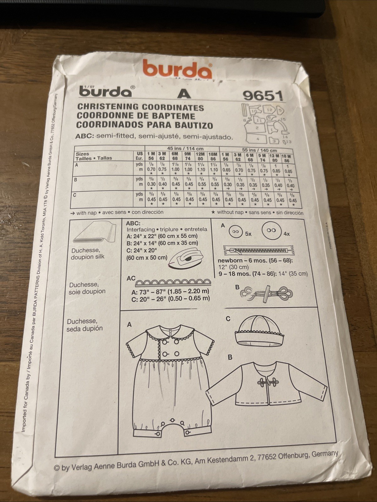 Burda Pattern 9651 ~ Infant Christening Outfit ~ Suit~Jacket~Hat ~ Sz 1M-18M