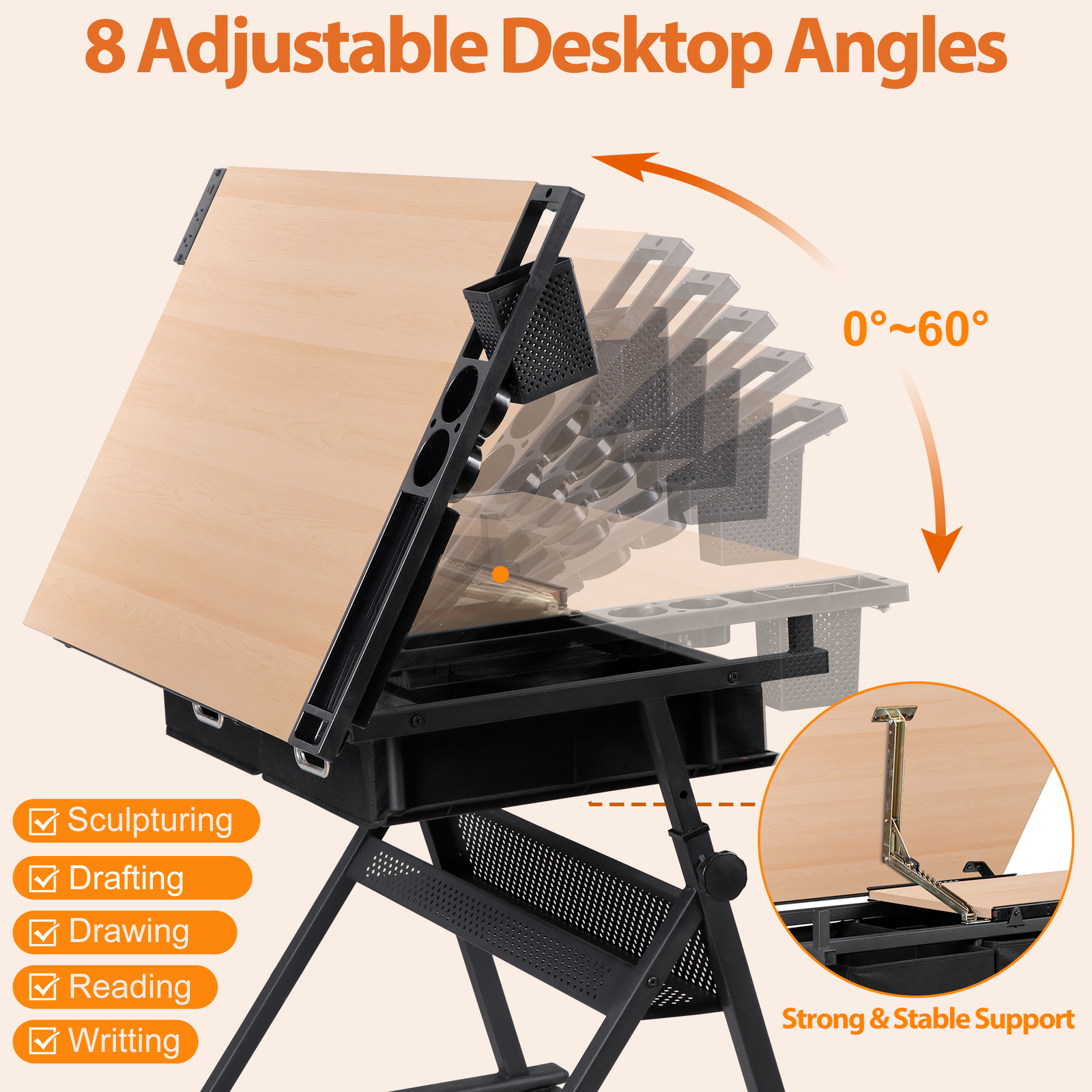 Adjustable Artist Table Tilted Tabletop Drafting Stool & Storage Drawer Natural