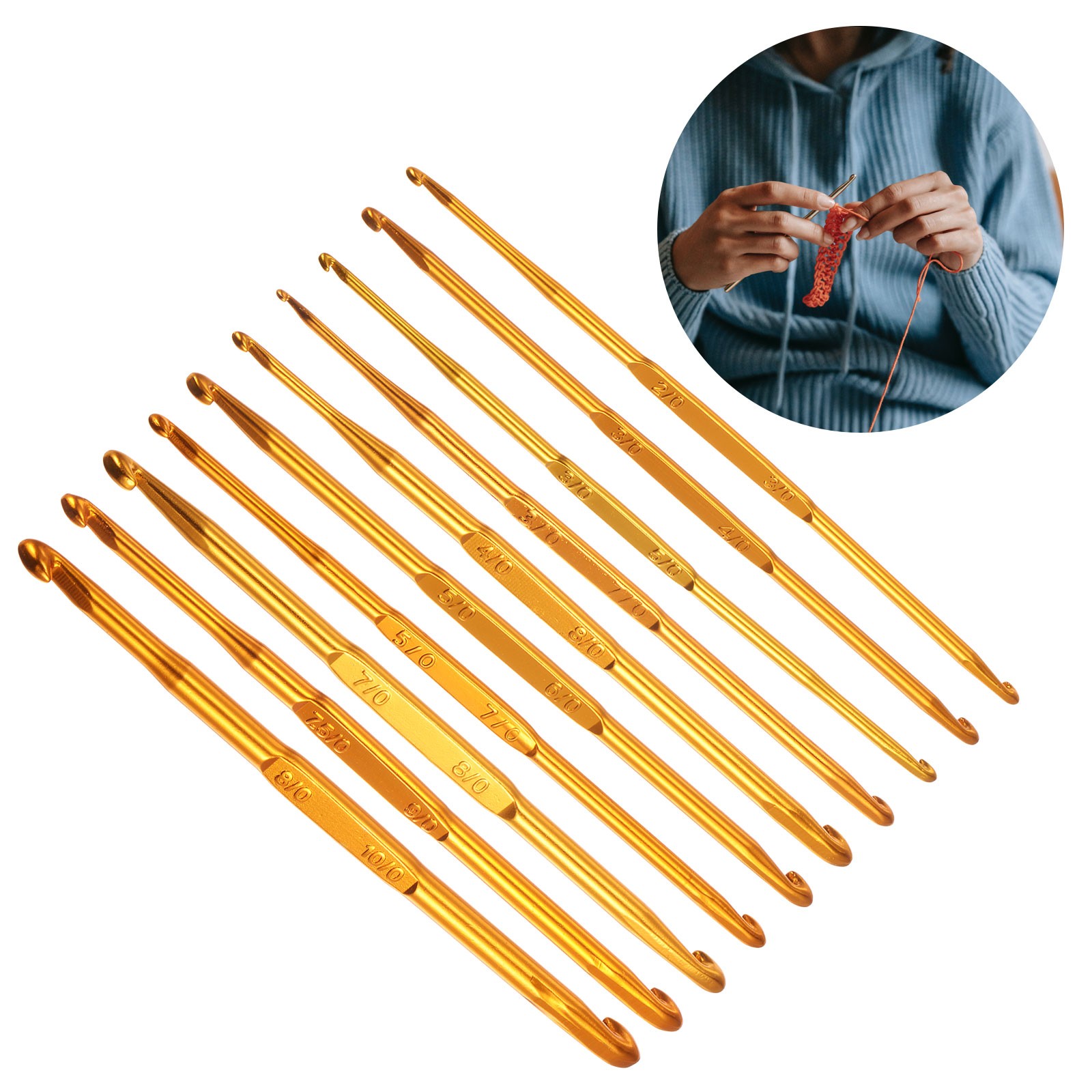 10Pcs Double End Crochet Hooks 2/0 to 10/0 Aluminum Golden Knitting Needles