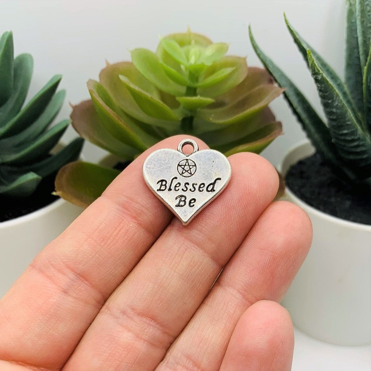 4, 20 or 50 Pieces: Silver Blessed Be Heart Charms – Double Sided – US Seller