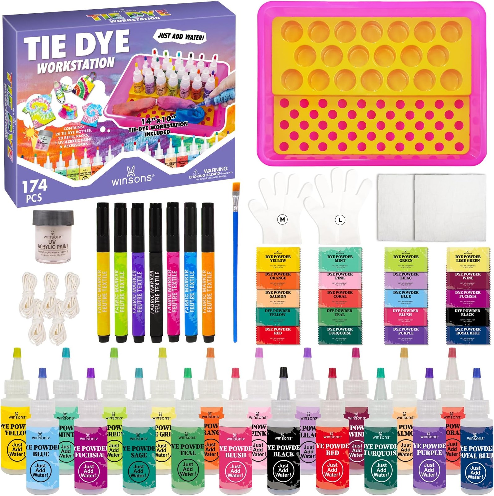 Tie Dye Kit 174pcs 20 Colors Set With Bottles Fabric Markers Party