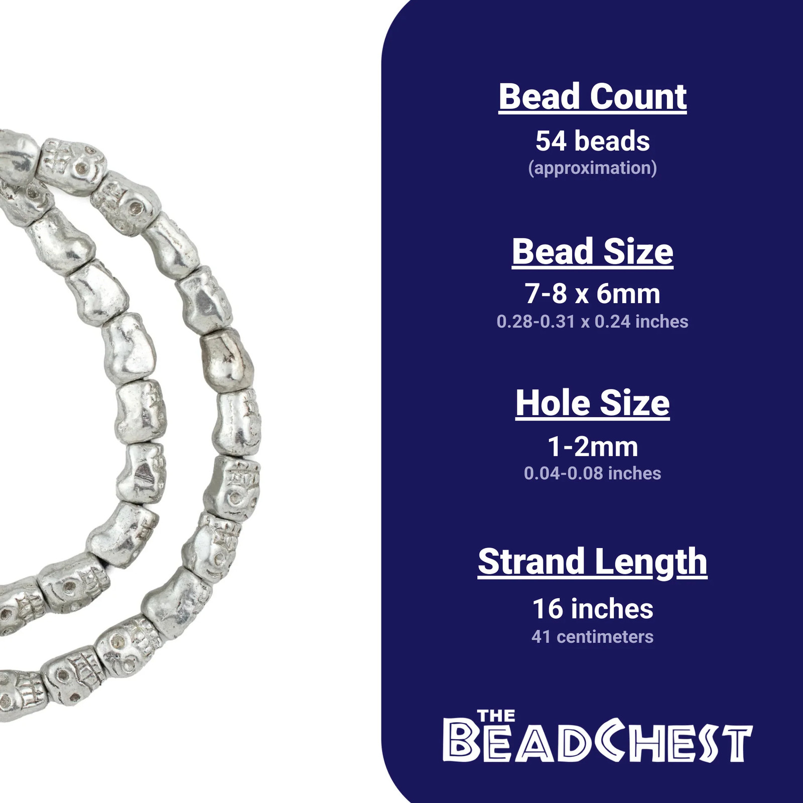 Silver Skull Beads 8x5mm White Metal 16 Inch Strand