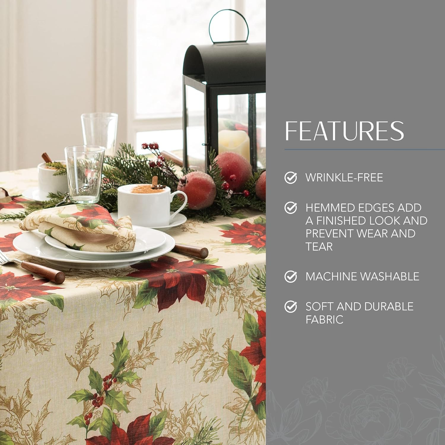 Home Fashions Festive Poinsettia Holiday Wrinkle Resistant Fabric Tablecloth, Mu