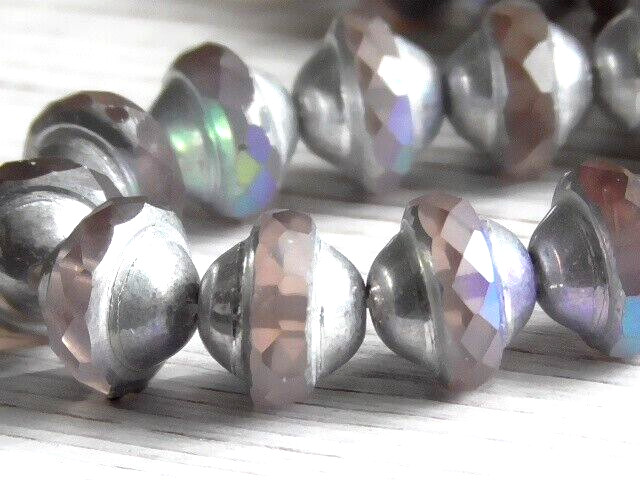 8 – 10x8mm CZECH MATTE PINK METALLIC SILVER AB FACETED SATURN SAUCER GLASS BEADS