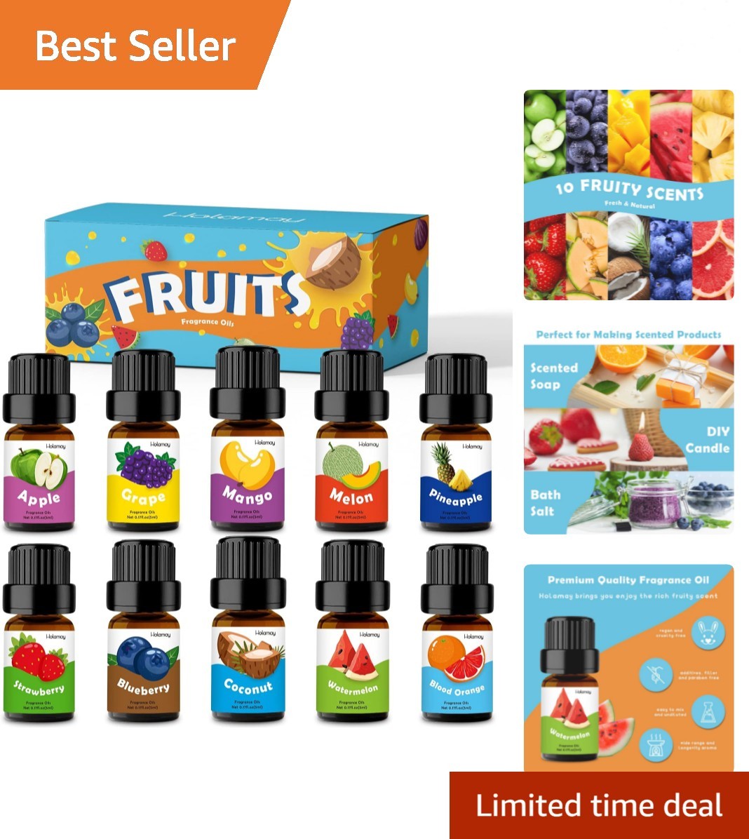 Holamay Fruit Essential Oils Set – 10x5ml Aromatic Fragrance Oils