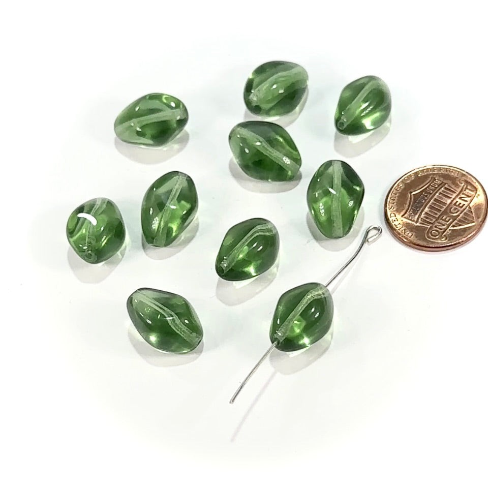 Czech Pressed Druk Fancy Glass Beads 15x11mm Green Turmaline 10 pieces CL979