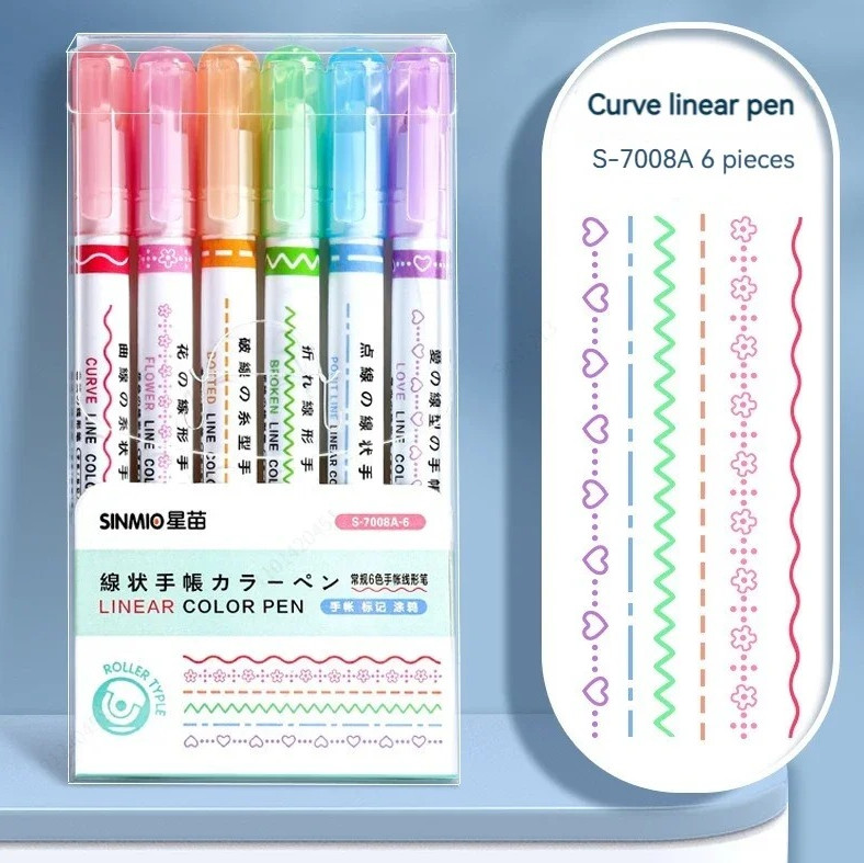 6pcs Flower Line Highlighter Set Roller Tip Curve Marker Kawaii Stationery – NEW