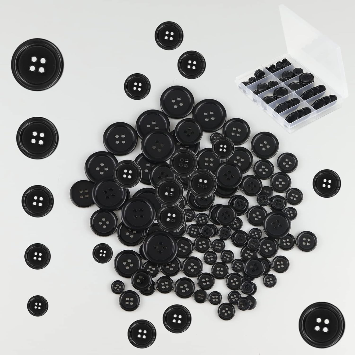 100 Pcs Eco-Friendly Black Resin 4-Hole Sewing Buttons, 5 Sizes, Organizing Box