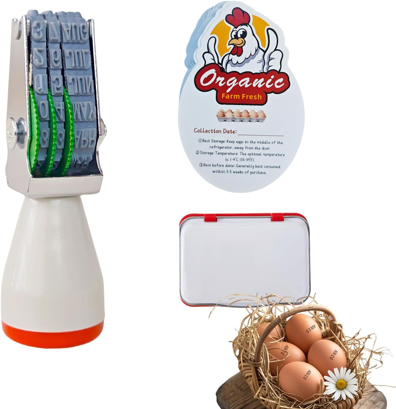 Egg Dater Kit, 1 Date Stamp（Month&Day）, 1 Red Fade-Resistant Ink, 50 Farm Fresh