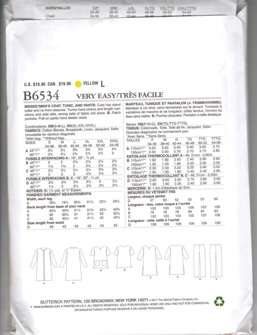 6534 BUTTERICK – COAT TUNIC & PANTS – UNISEX Adult Sz S/M/L