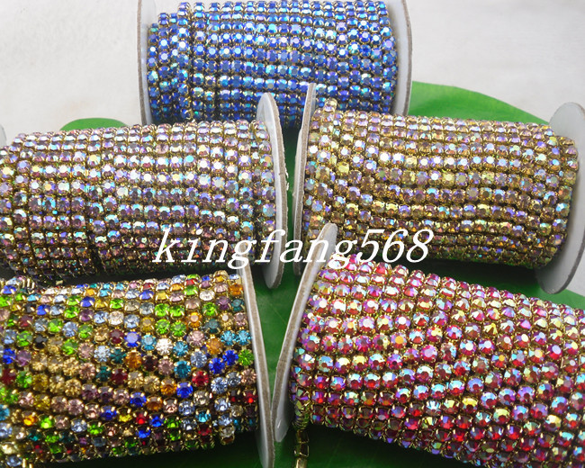 2-10yard Crystal Glass Rhinestone Compact Close Golden Chain Trims Applique SS16