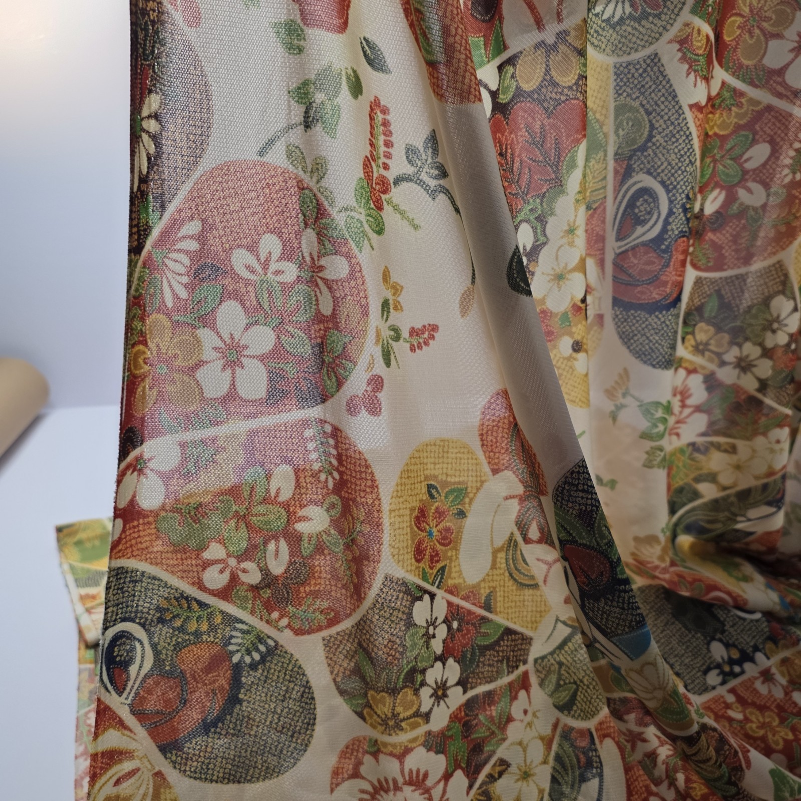 Vintage Japanese Fan Motif Fabric Bolt Polyester Kimono Floral 3.4 Yd Wide…