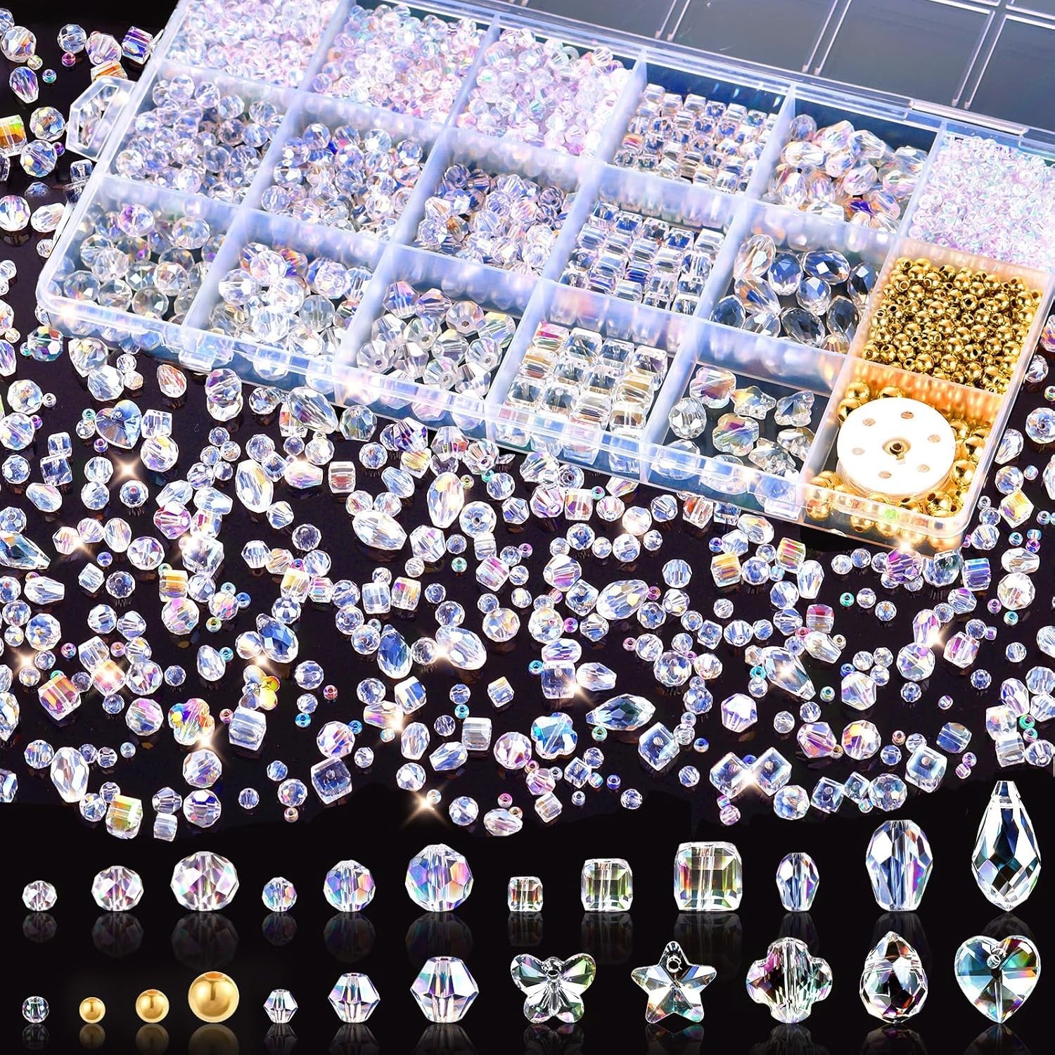 2000+ Pcs Crystal Glass Beads for Jewelry Making, 24 Styles 3-15Mm Assorted Face
