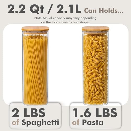 3-Pack 2.2Qt Square Glass Spaghetti Jars with Bamboo Lids | Minimalist 2.2Qt*2