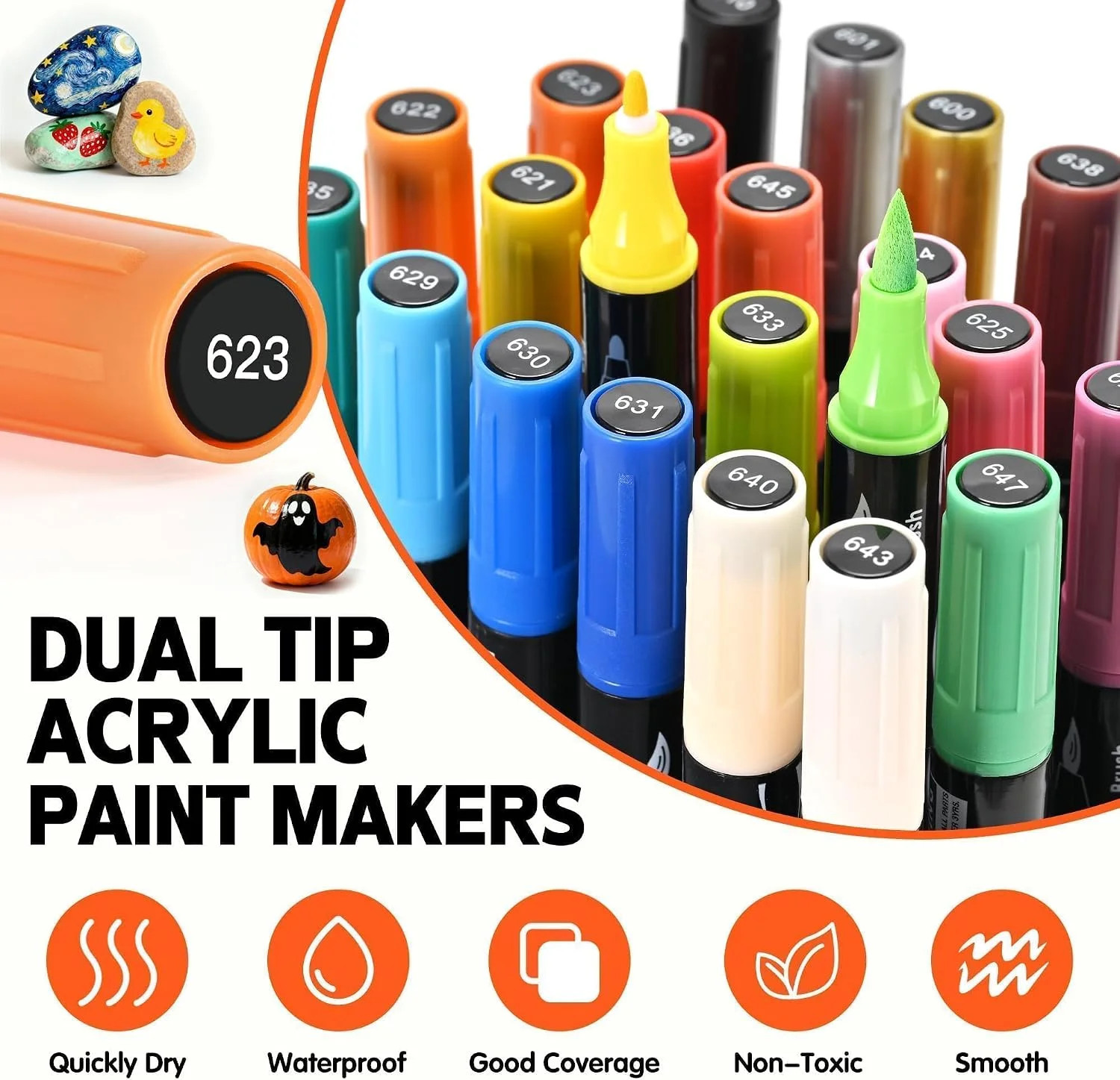 24 Acrylic Paint Markers – Paint Pens for Drawing, Brush + Fine Tips – for Fabri