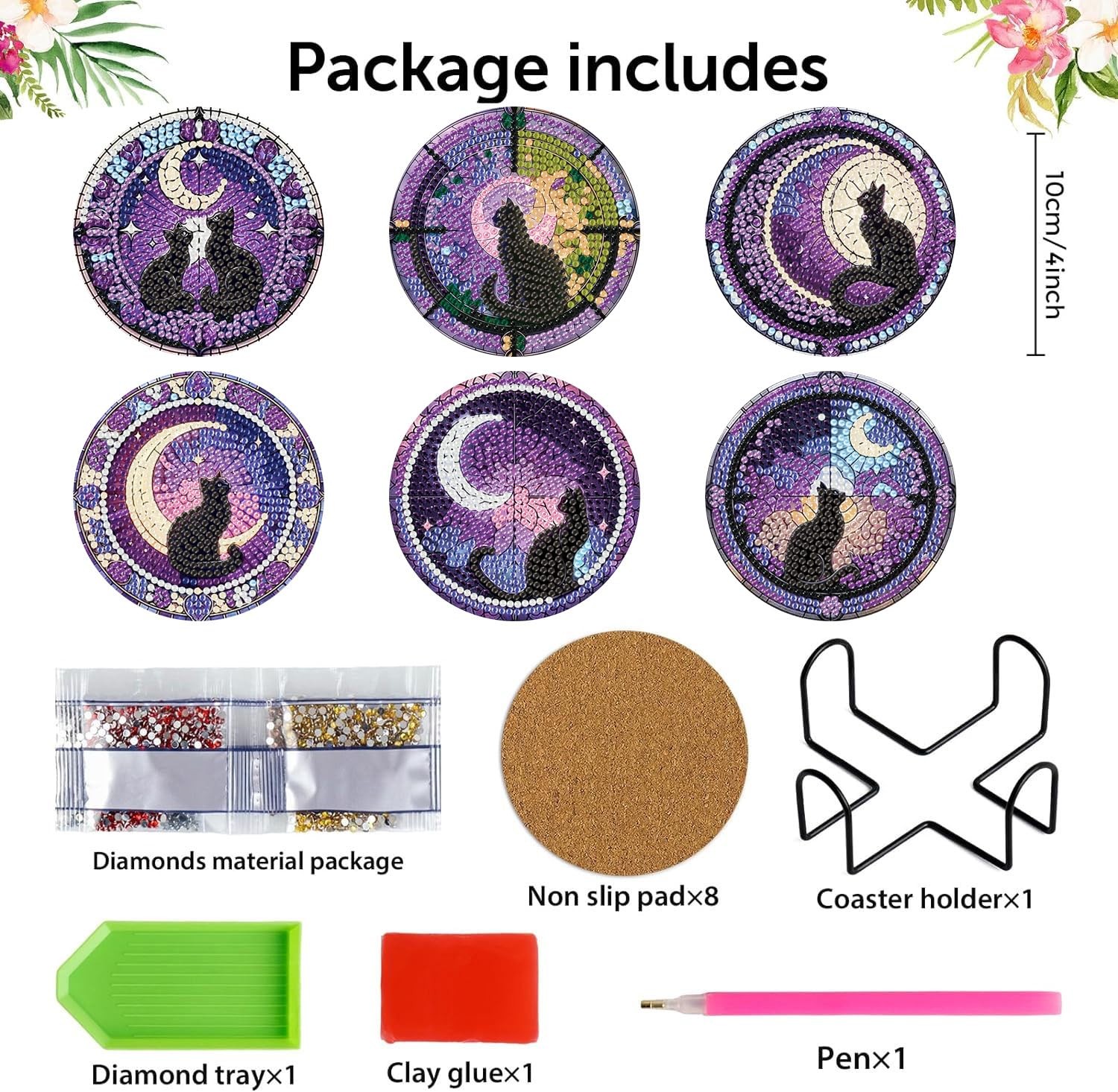 Diamond Art Coasters Kits for Adults – 6 PCS Cat DIY Coaster Diamond Art Kit wi,