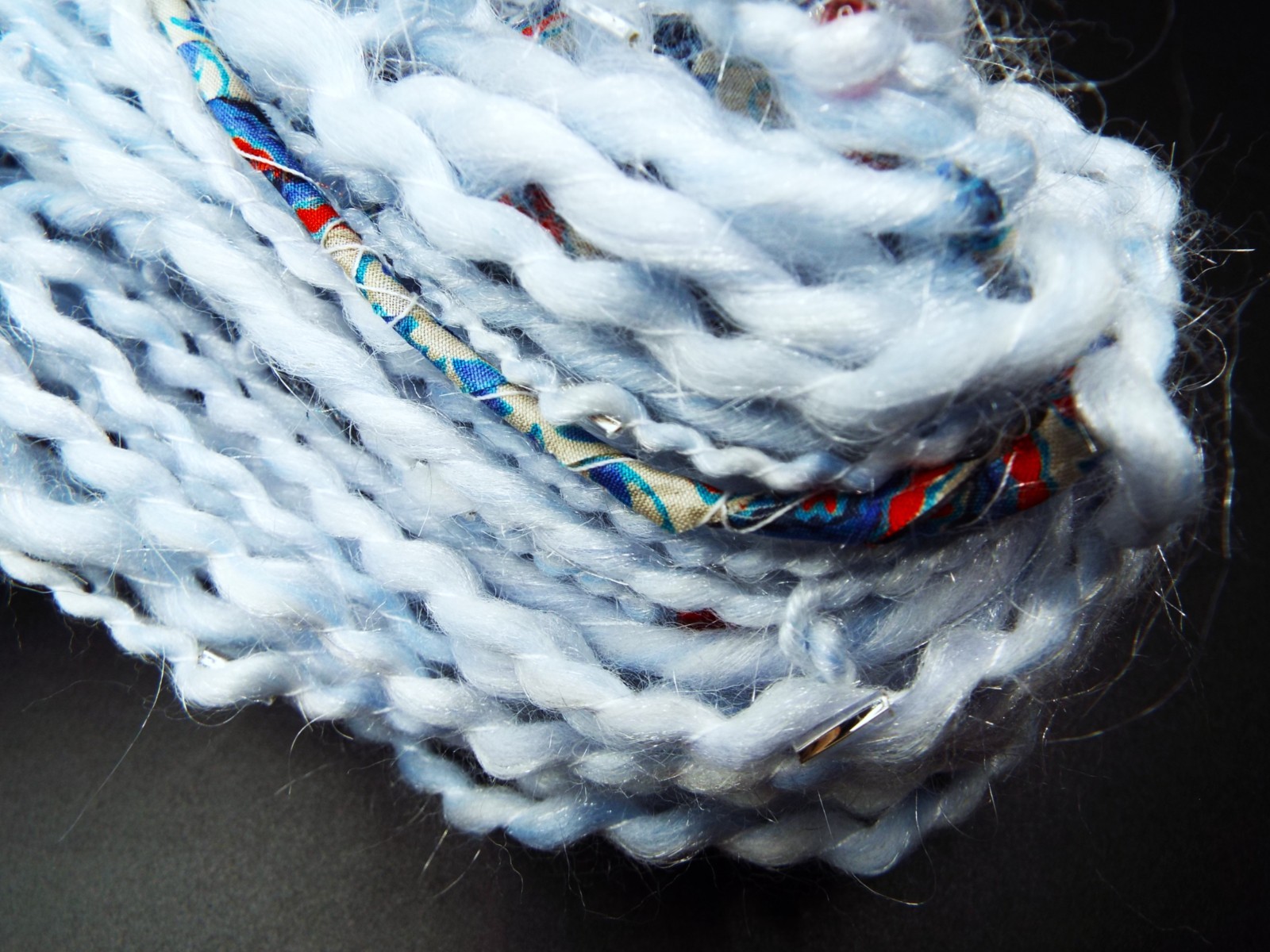 Light Blue ~ Red Beads ~ Silver Bugle Beads ~ Wool& Acrylic ~ Silk Fabric