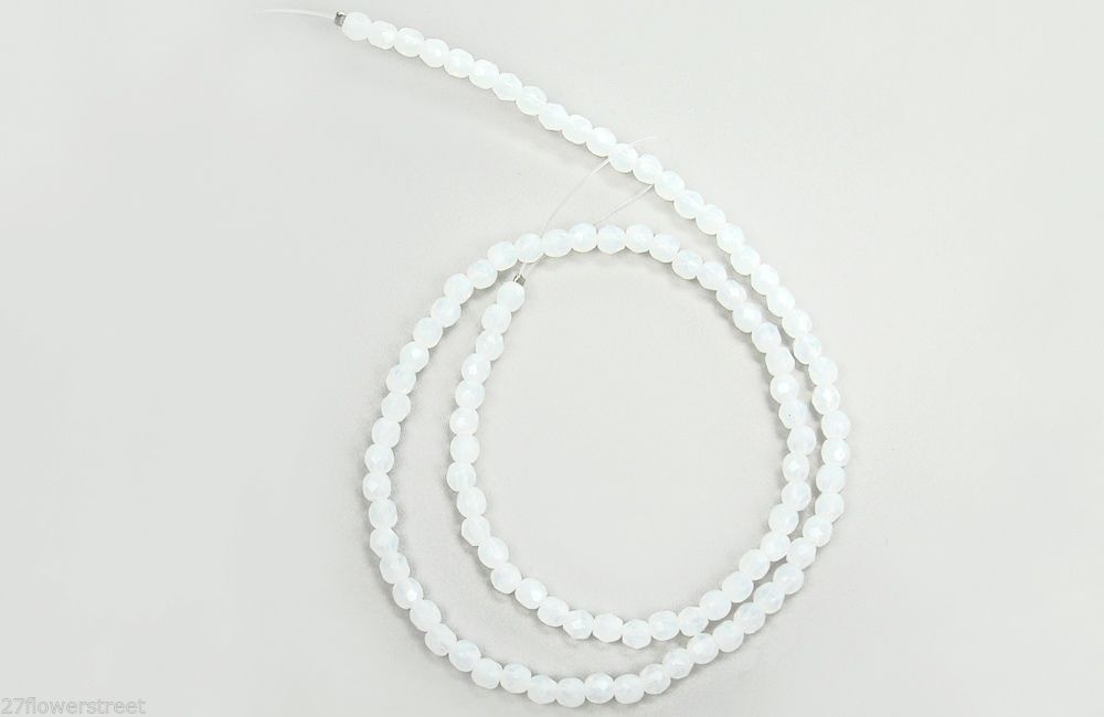 Czech Fire Polished Round Faceted Glass Beads in White Opal color, 16″ strand