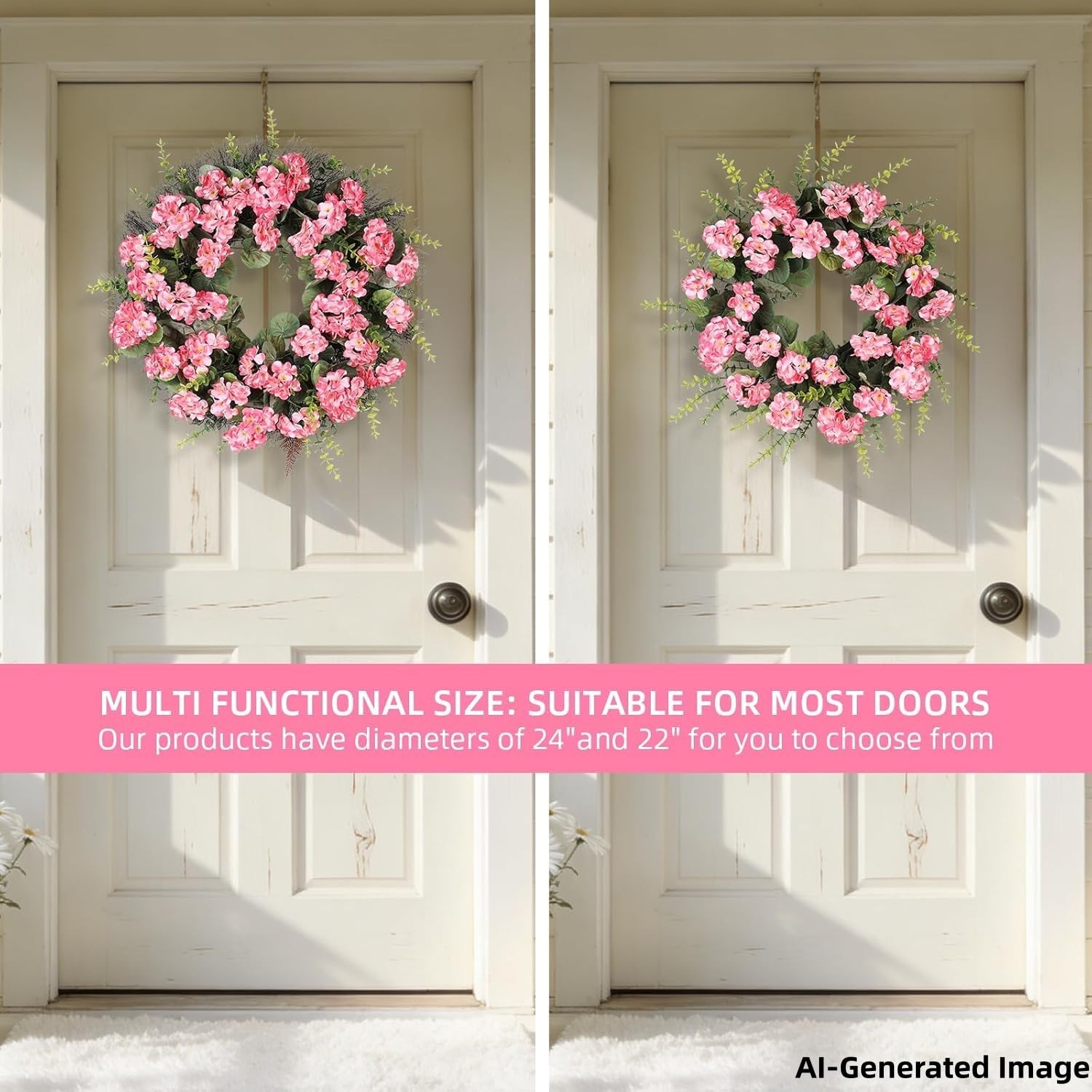 Kuimen Pink Artificial Geranium Wreath 22 Inch Spring Summer Wreaths For Front