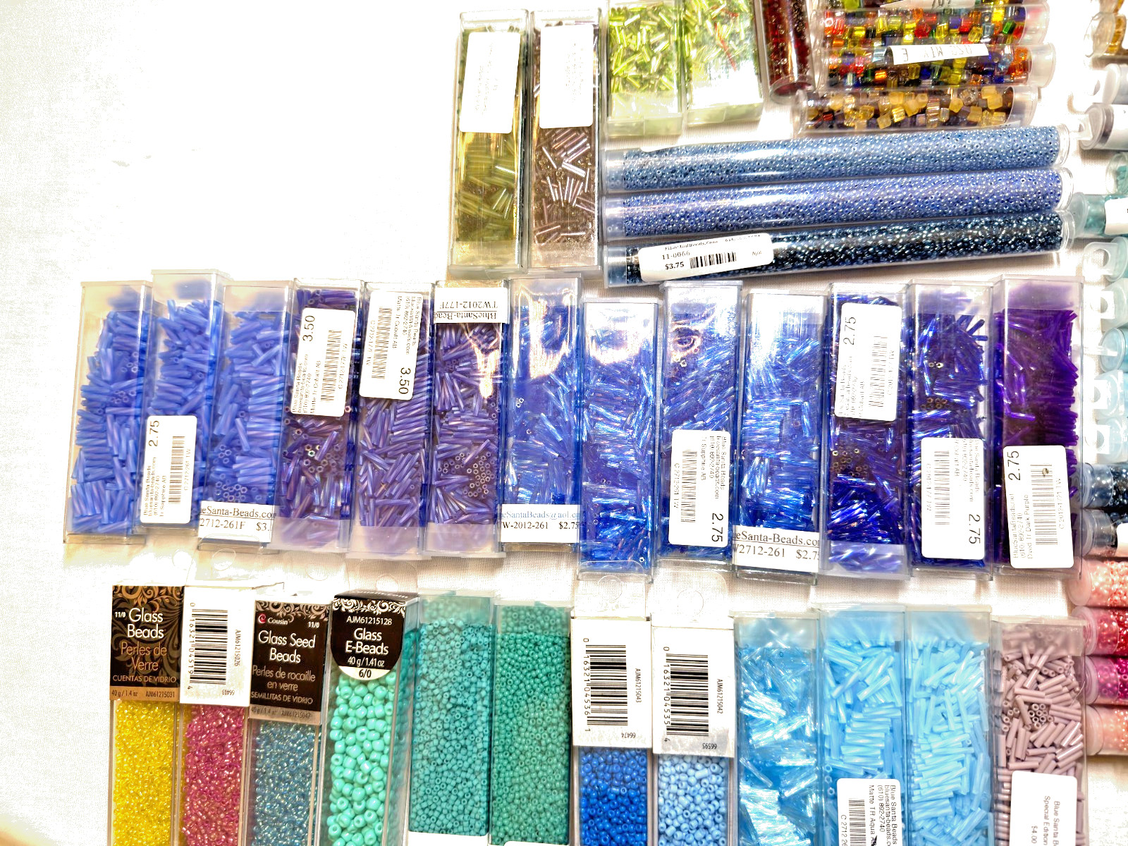 Assorted seed and bugle beads. Various colors, finishes, sizes.
