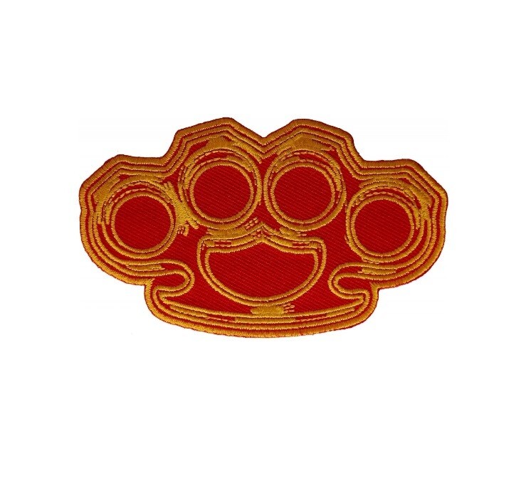 Red and Yellow BRASS KNUCKLES 3-1/2″ x 2″ iron on patch (7124) (C16)