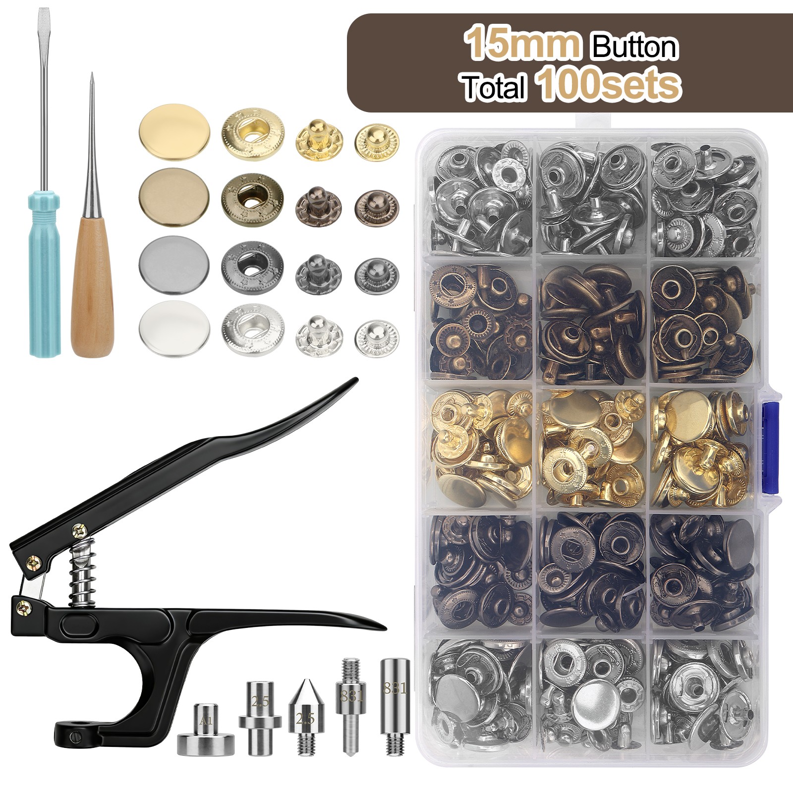 100 Pcs Snap Fastener Button Kit 15mm Press Studs with Pliers for Leather Craft