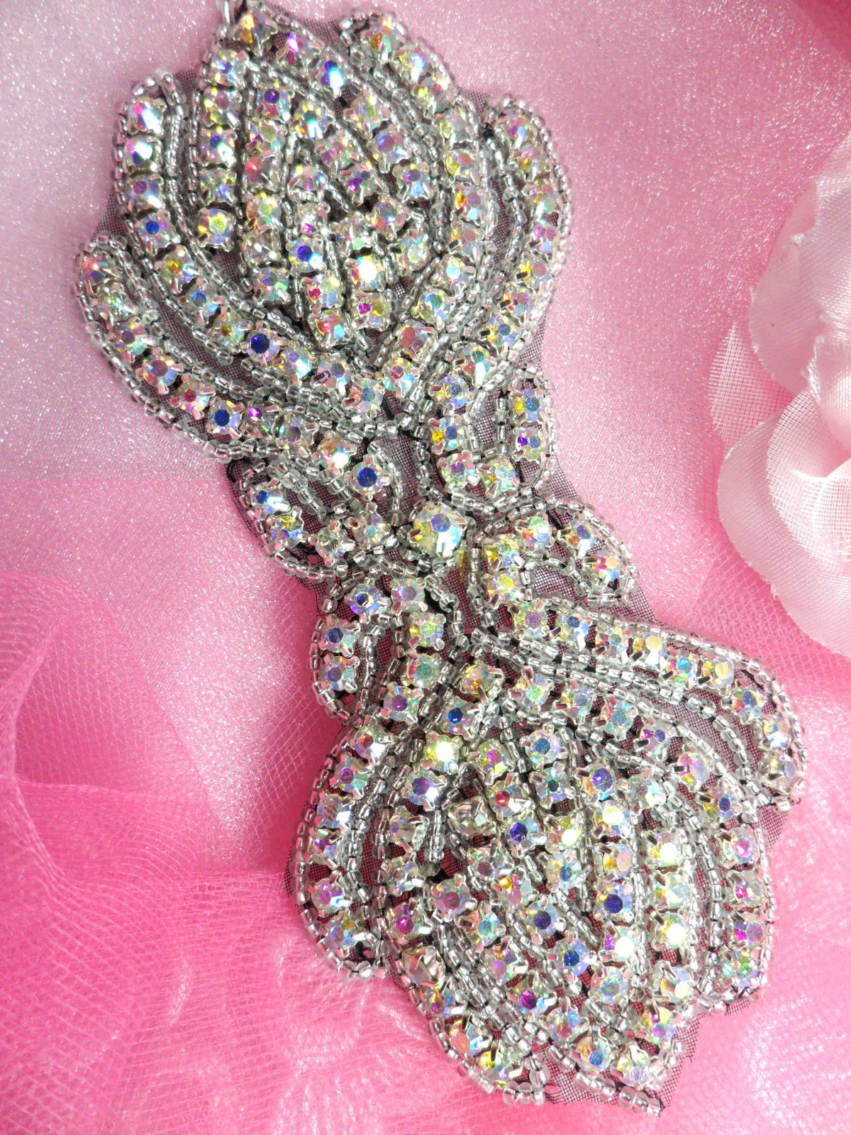 Bow Tie Black Backing Aurora Borealis Crystal AB Rhinestone Applique Silver XR11