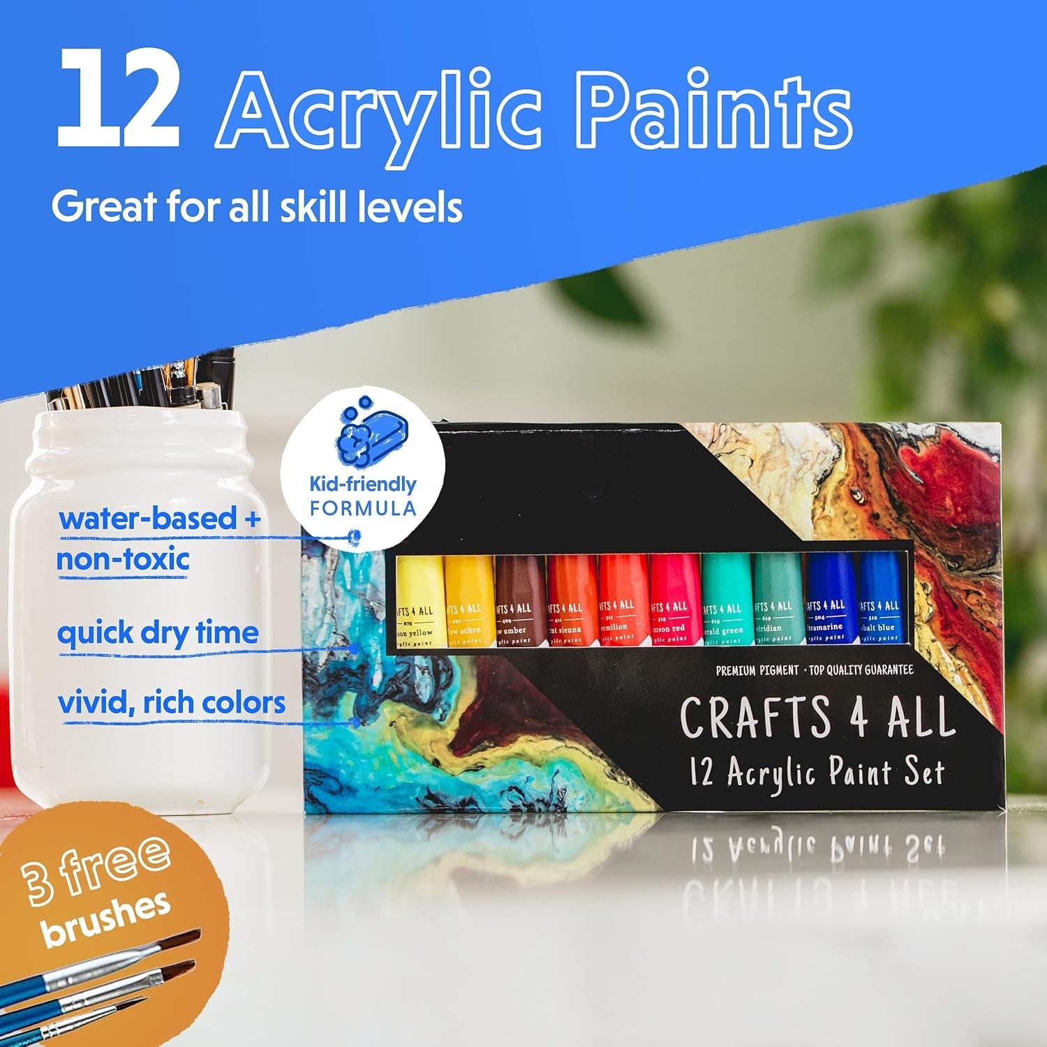 Easy-Blending Acrylic Paint Set – 12 Non-Toxic Colors for Artists & Crafters