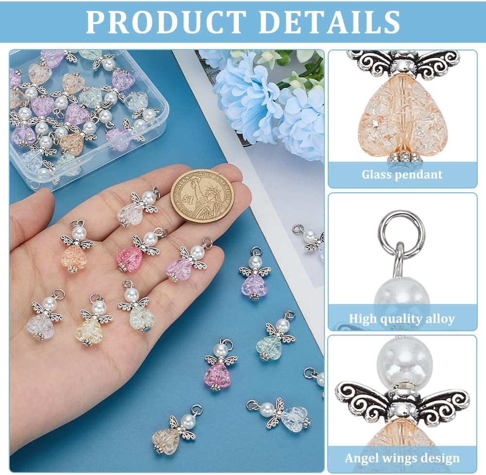 30Pcs Angel Charms, Mixed Angel Wing Pendants Guardian Charms Heart Glass Bead f