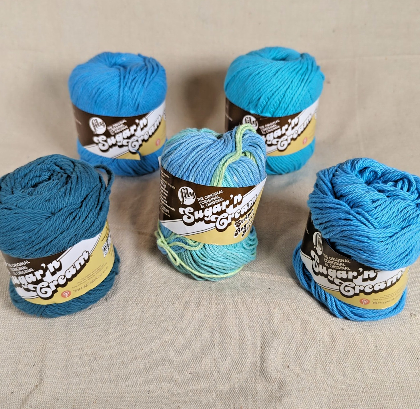 Lily Sugar ‘n Cream Cotton Yarn Blue/Green Mixed Lot 5 skein 4-ply Crochet Craft