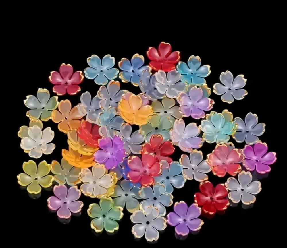 50 Blossom Beads For Jewelry Making Diy Flower End Caps Mixed Colors Gold Edges.